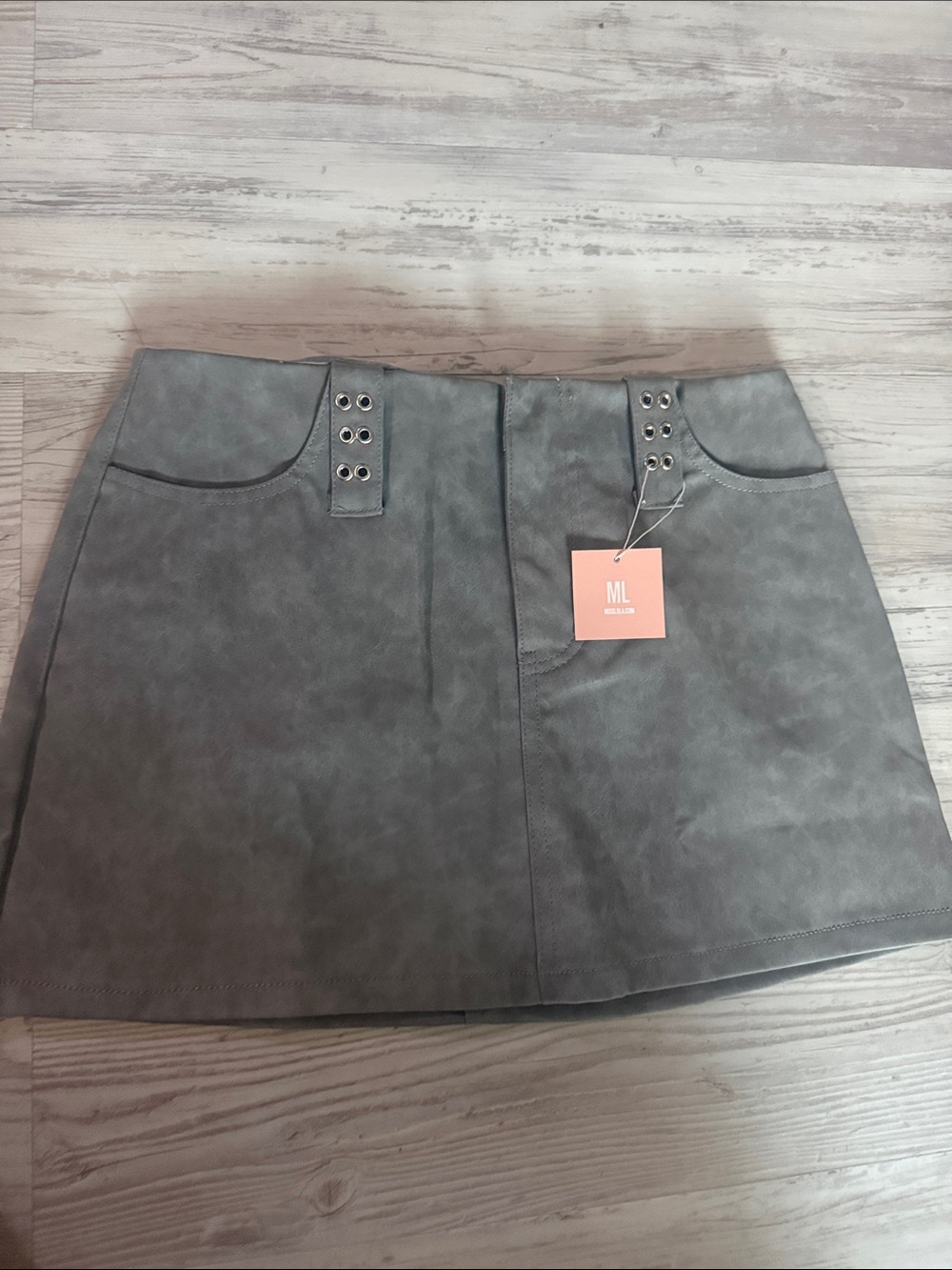 Gray Faux-Suede Mini Skirt with Grommet Details